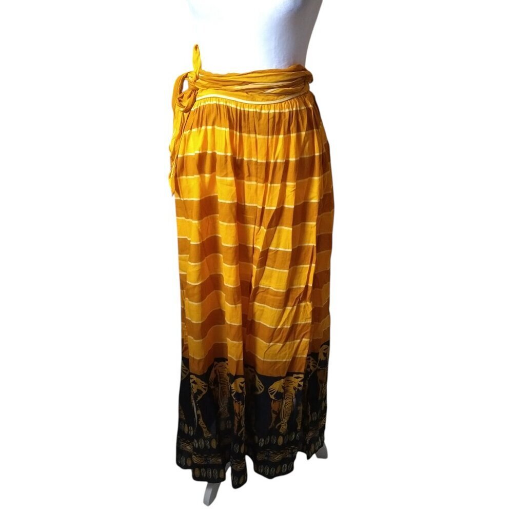 Oleg Cassini Size 42/US 12 Striped Elephant Maxi Skirt Boho Tie Waist Cotton